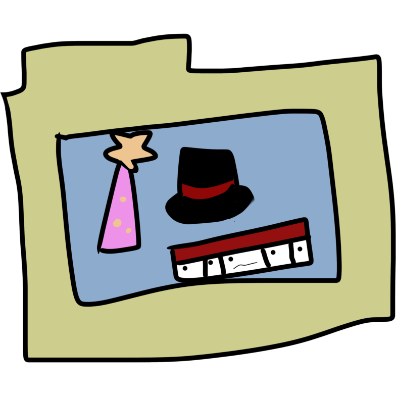  a folder with a party hat, a top hat, and part of a calendar on it. The third day shown on the calendar has something written down. 